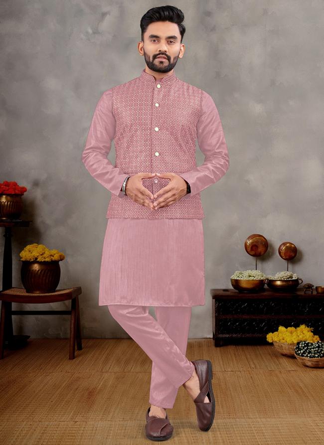 Banglori Silk Pink Ceremonial Wear Sequins Work Readymade Modi Jacket Kurta Pajama